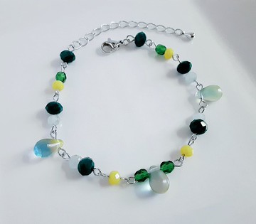 水滴與玻璃珠編織的熱帶色彩手鍊 綠黃色 清新感 夏日色彩 禮物 捷克玻璃珠