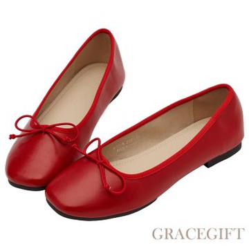【Grace Gift】法式經典蝴蝶結芭蕾舞平底娃娃鞋 正紅