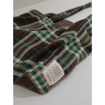 VM香草山 綠格格 格子單肩包原創設計厚款帆布毛呢大容量環保袋