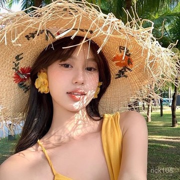海邊度假🌟 花朵拉菲草帽女夏海邊沙灘度假法式大帽簷草編遮陽防曬帽太陽帽子沙灘帽 防曬帽