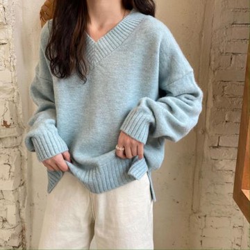 溫柔風軟糯v領毛衣女秋冬新款大碼胖妹妹復古寬松顯瘦針織衫上衣