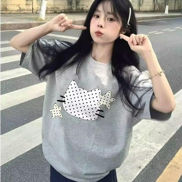【可愛貓咪印花】韓系慵懶風 純棉短袖T恤 女裝 夏季 寬鬆 學生 百搭 上衣 ins潮 貓上衣 短袖上衣 貓