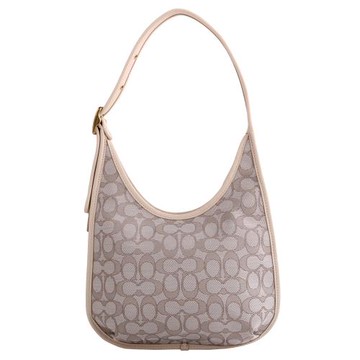 COACH 緹花LOGO織布牛角型手提包(淺卡其x膚)小款