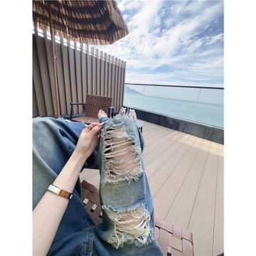 (免運)Eva君君醬美式復古蕾絲口袋破洞牛仔褲女顯瘦寬松直筒拖地長褲