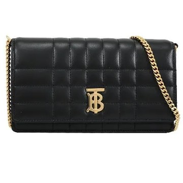 BURBERRY 8066176 Lola 絎縫格紋羊皮翻蓋斜背包.黑/金