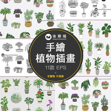 手繪平面園林綠色植物盆栽仙人掌線稿EPS矢量設計插畫素材S368