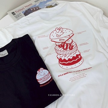 【FJstore】漢堡早餐款 短T 短踢 寬鬆 落肩 圓領 短袖上衣 男生短袖 女上衣 情侶 T恤