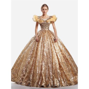 新款金色亮片禮服舞臺美聲獨唱聲樂藝考蓬蓬裙顯瘦彩紗大碼演出服