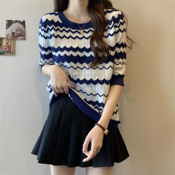 2023夏裝女網紅大碼撞色條紋針織短袖T恤胖MM設計感小眾學生上衣