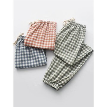 格子睡褲男女春秋季純棉水洗棉布薄款收口長褲情侶家居褲加肥加大