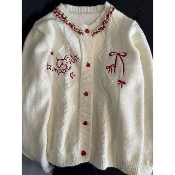 ♡ 𝑪𝒉𝒊𝒄 𝒖 ♡可愛小狗刺繡蝴蝶結愛心扣毛衣開衫女秋冬季甜美減齡顯瘦針織外套