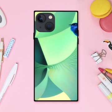 品味自然的綠色植物圖案與鳥類 方形手機殼【強化玻璃飾面】支援 iPhone16