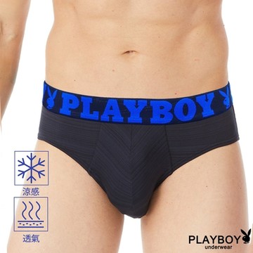 PLAYBOY 涼爽緞彩紋透氣紗LOGO織帶三角褲-單件-黑
