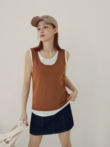 撞色假兩件薄針織背心上衣