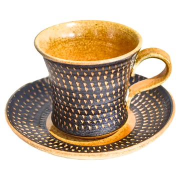 美濃燒 唐茶咖啡杯 + 盤子組 -日本製 180ml  黑點紋  1組