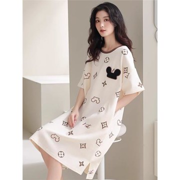 莫代爾夏季純棉可愛短袖睡裙女中長款休閑寬松卡通100%全棉家居服