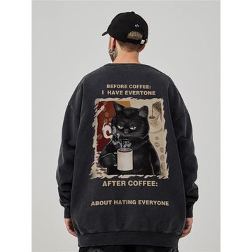 (免運)美式復古趣味卡通嘻哈大碼圓領衛衣男裝純棉重磅水洗做舊加絨春秋