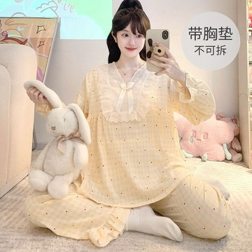 春秋季新款雲朵棉帶胸墊長袖長褲套裝女 胖MM230斤可穿大碼睡衣兩件裝 薄款加肥加大版型家居服 可外穿