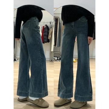 不貼腿闊腿微喇叭褲女高腰寬松小個子褲子梨形身材直筒加絨牛仔褲