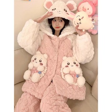 (免運)新款三層夾棉襖睡衣女秋冬季加絨加厚珊瑚絨吉伊卡哇可外穿家居服