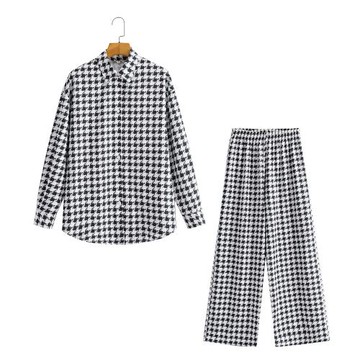 外貿女裝2022春季千鳥格印花長袖襯衫+闊腿褲套裝  1759