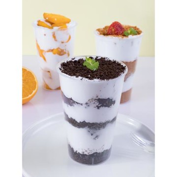 喇叭花480ml一次性航空杯透明硬塑料杯果汁杯水果杯千層100只帶蓋