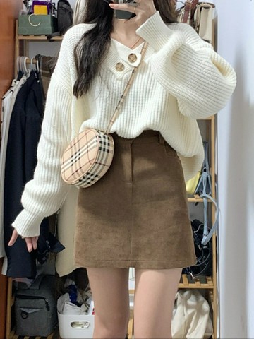 【高腰顯瘦】半身裙 短裙 包臀裙 百褶裙 A字裙 韓系短款 棕色 春秋新款 小個子穿搭 休閒百搭