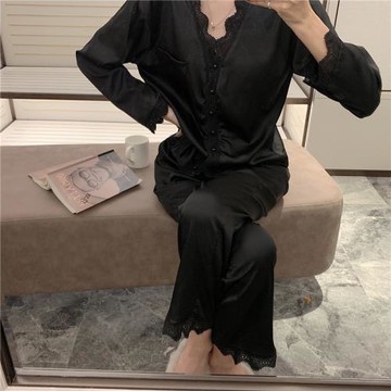 睡衣女春秋長袖冰絲公主性感蕾絲兩件套裝清新ins網紅空調家居服
