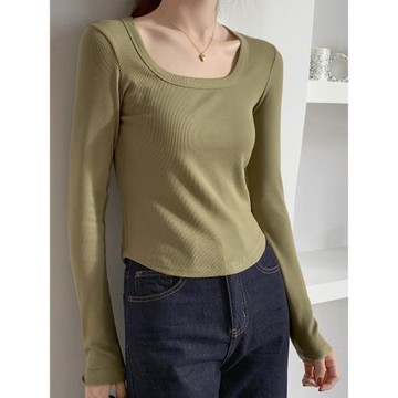 正肩薄絨女t恤長袖螺紋棉秋冬裝打底衫上衣方領性感短款白色內搭