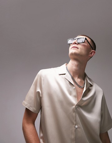 Topman short sleeve regular satin revere shirt in cream-White
