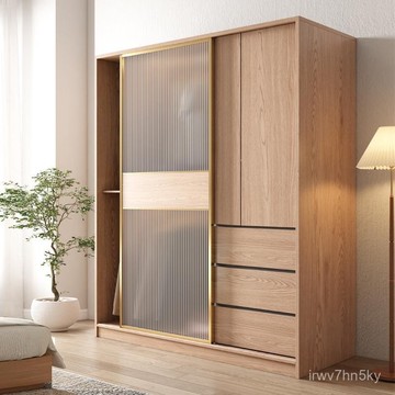 廠家直銷 全臺安裝 北歐風衣櫃家用臥室現代簡約玻璃門原木色小戶型簡易移門大衣櫥