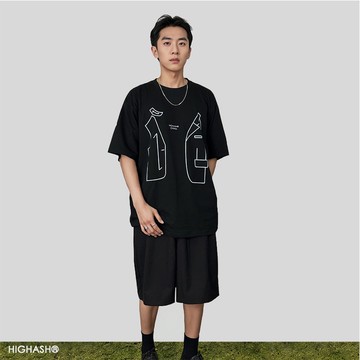 250克線條中性西裝裁片圓領短袖夏季體恤寬松半袖印花T恤