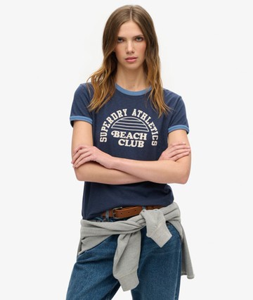 Superdry Women's Women's Athletic Essentials Beach Graphic Ringer T-shirt Navy / Richest Navy - Size: 6 Size: 2