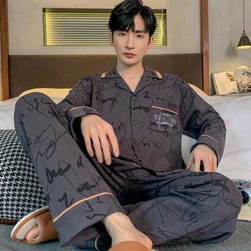 男士純棉睡衣春秋款長袖簡約休閑青少年大碼可外穿開衫家居服套裝