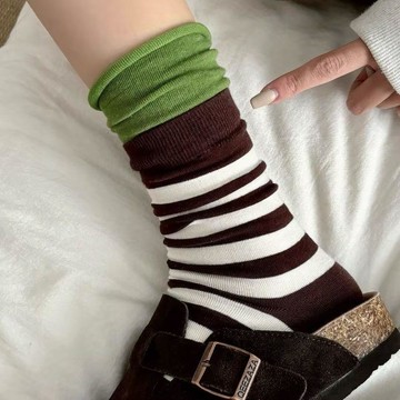 【韓系 ins 多巴胺條紋】春夏潮流女撞色拼接雙螺口堆堆襪 洛麗塔道具襪 襪子 中筒襪 長襪 學生襪 復古襪 日系襪 可