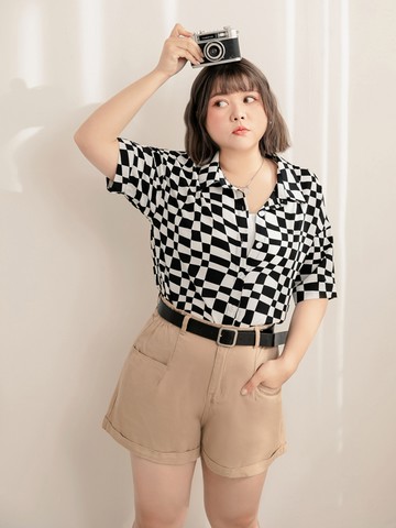 變形棋盤格短版五分袖襯衫上衣