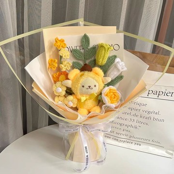 預購【LAMIE】 黃色透明包裝-布丁狗針織花束 卡通花束 絨毛玩具花束 玩偶花束 花束