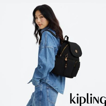『猴子包』Kipling 墨黑金掀蓋多袋收納後背包-CITY POCKET S