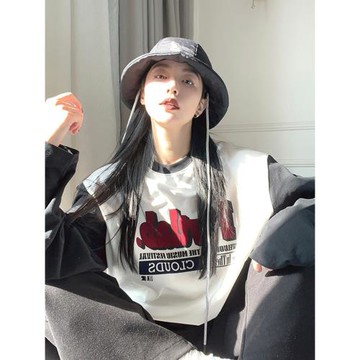 美式復古插肩衛衣女早秋寬松字母印花長袖T恤撞色拼接情侶上衣ins