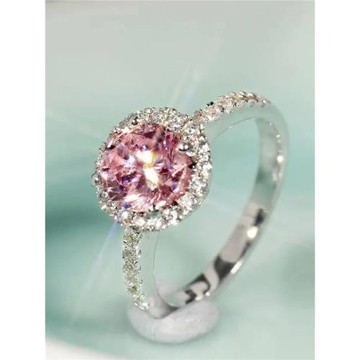 鍍925銀粉鉆戒指高碳鋯石女開口可調節時尚百搭氣質高貴典雅飾品