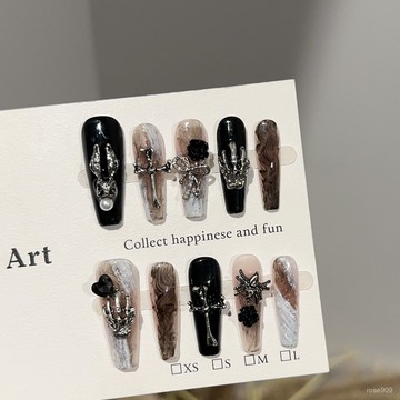 ➕最新設計款穿戴甲💅純手工穿戴甲高級感秋冬季闇黑係長款美甲片歐美朋克風假指甲貼片長梯穿戴甲 SWF2