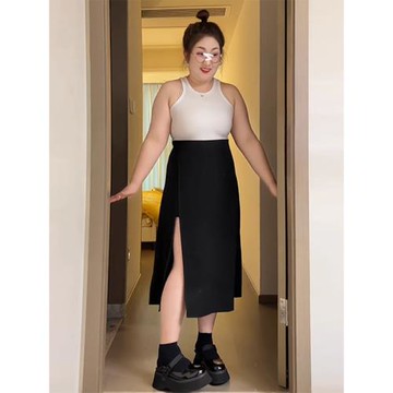 大碼高腰開叉半身裙女春季微胖mm顯瘦a字裙不規則設計感垂感裙子