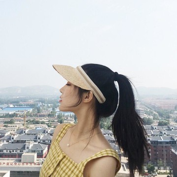 台灣現貨（實拍現貨）韓版ins網紅款拉菲草草帽子女夏天遮臉太陽帽無頂遮陽帽戶外自備款防曬空頂帽