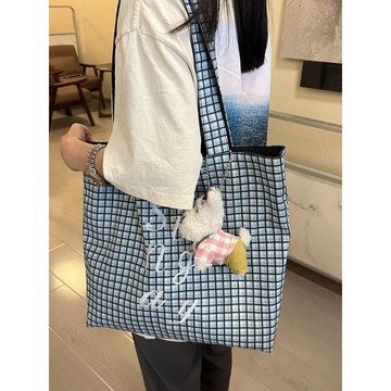 【Darling】韓系高級感雙面背牛仔托特包女2025新款黑白格子大容量通勤電腦包
