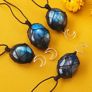 天然水晶礦石原石拉長石網兜月亮吊墜手工編織閃光石灰月光飾品