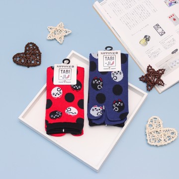 TABI-JI奈良足袋襪(分趾襪)-中高筒襪(25-27公分)-招財貓(紅/藍)