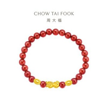 周大福 雙元寶貔貅紅玉髓黃金手鍊