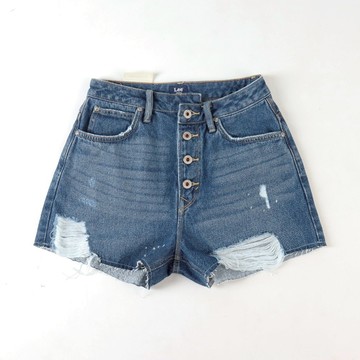 Lee 女款 高腰牛仔短褲 11.25oz 排釦 刷破 | 101+