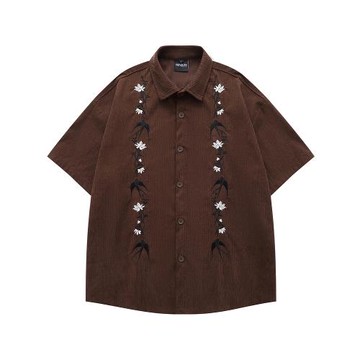 From Mars 夏花不誤 復古花卉刺繡港風夏季燈芯絨寬松短袖襯衫BF