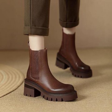 手工擦色厚底煙筒馬丁靴女秋冬新款復古圓頭切爾西真皮粗跟短靴女